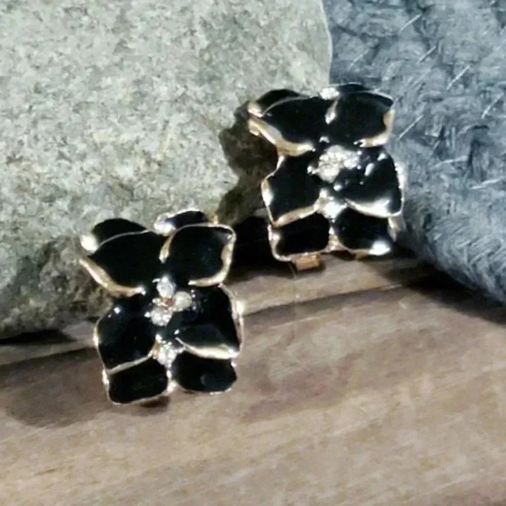 Artsy Glossy Black Enamel Tropical Flowers Austrian Crystal Gold Tone Earrings